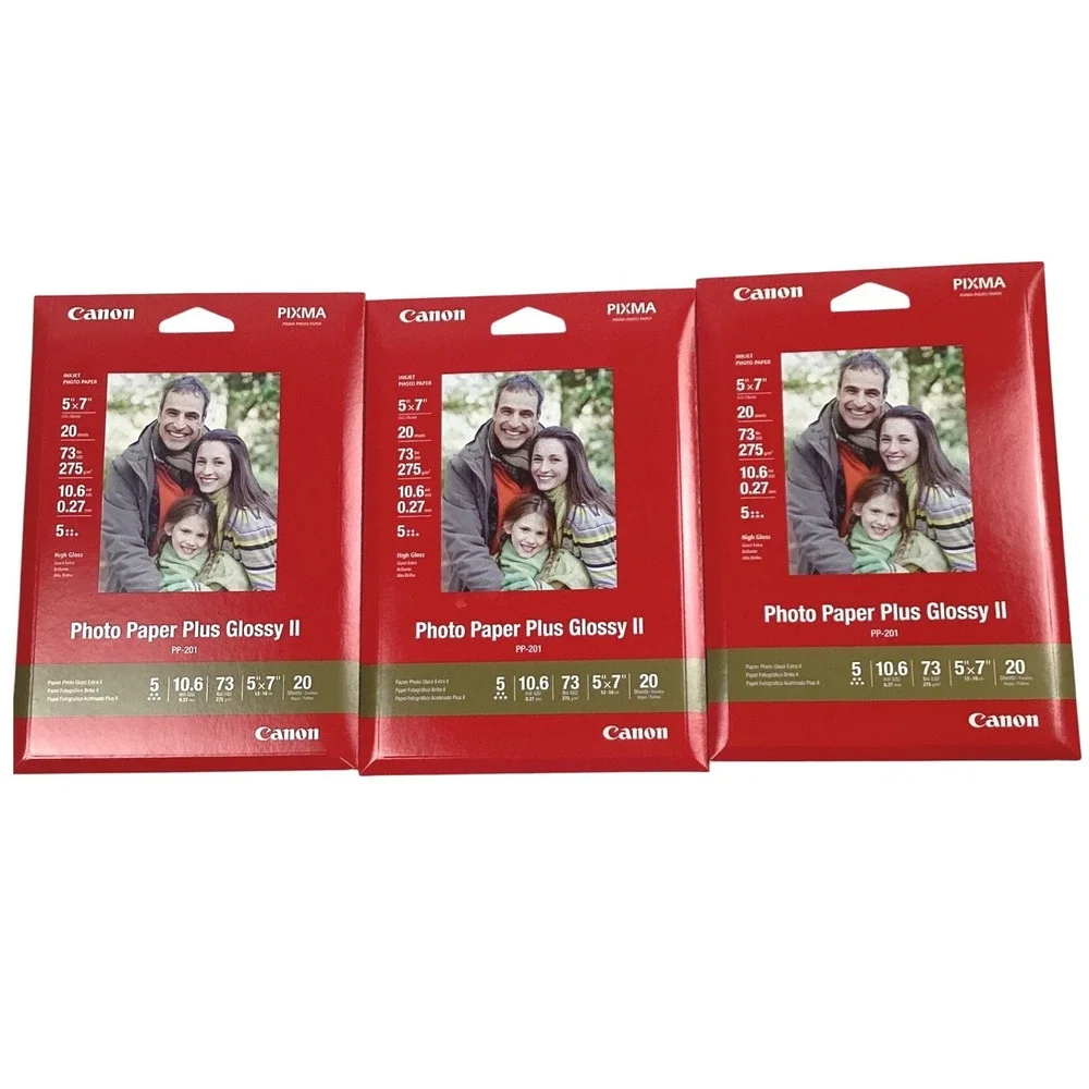 Canon PIXMA Photo Paper + Glossy II 5x7 PP-201 20 Sheets 3Pack Bundle 60 Total‎